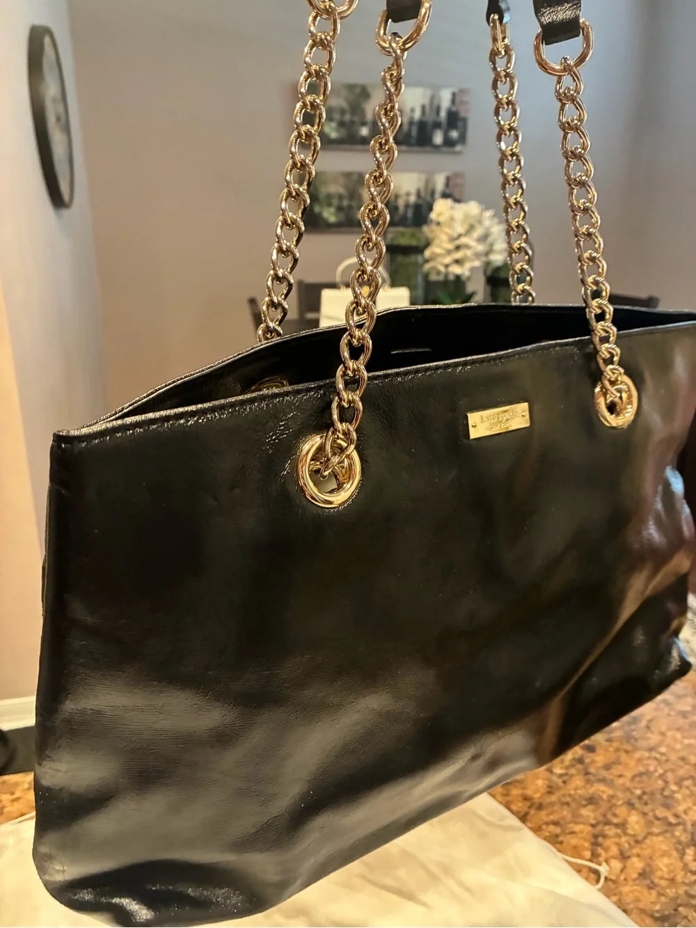 kate spade Black Leather Tote with Gold Chain Handles